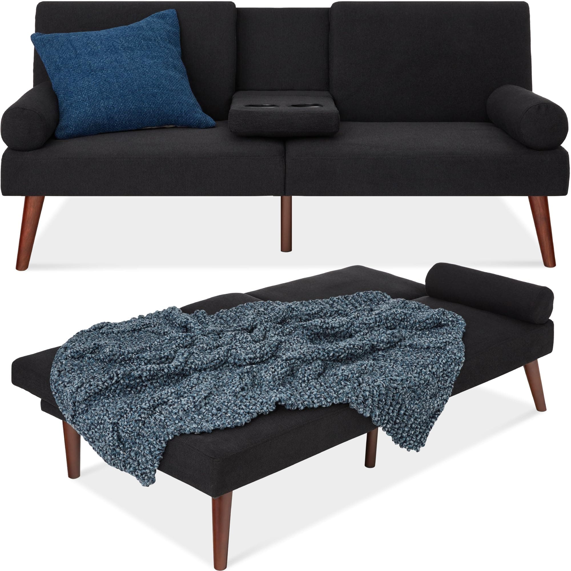 Best Choice Products Black Mid-Century Modern Upholstered Futon Convertible Sofa Bed