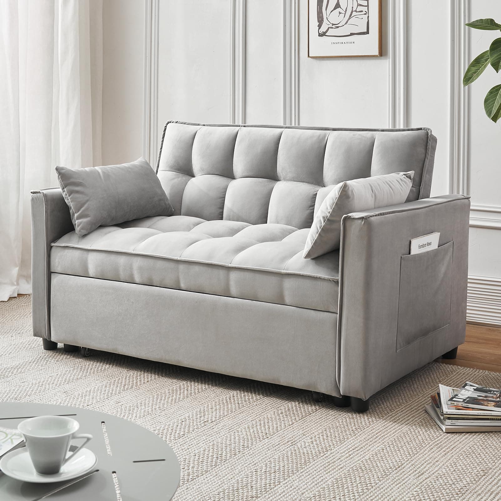 Grey Modern 3-in-1 Futon Sofa Bed with Pullout Bed and Storage Pockets