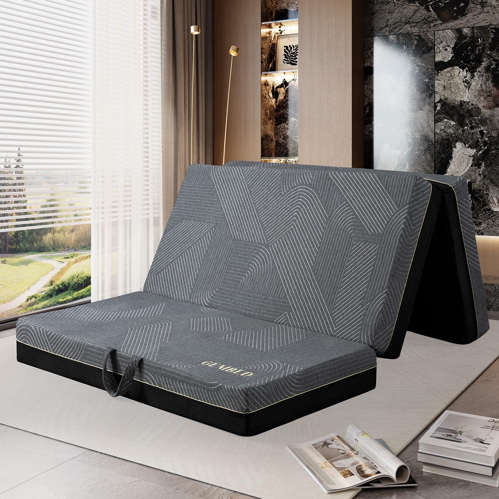 Portable Memory Foam Tri-Fold Mattress Queen Size for Travel, RV Camping, Guest - 6 Inch, 78x58x6