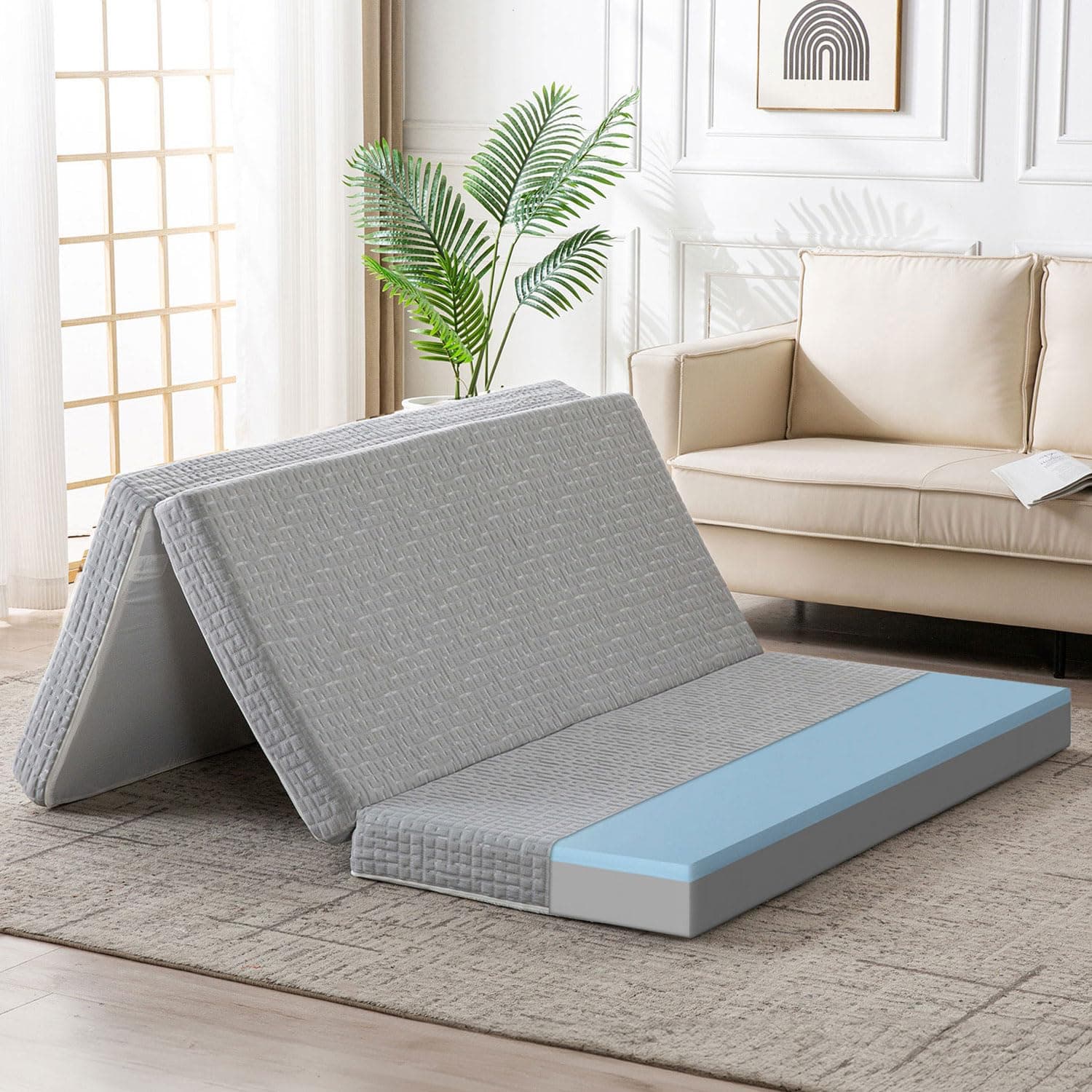 Tri-Fold 4 Inch Memory Foam Guest Mattress, Washable Cover, Non-Slip, Twin Size, Grey