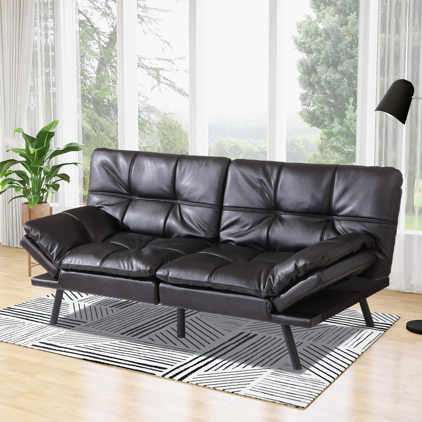 Black Memory Foam Futon Sofa Bed for Small Space Apartment Office, Adjustable Backrest and Armrest - 71 Love Seat