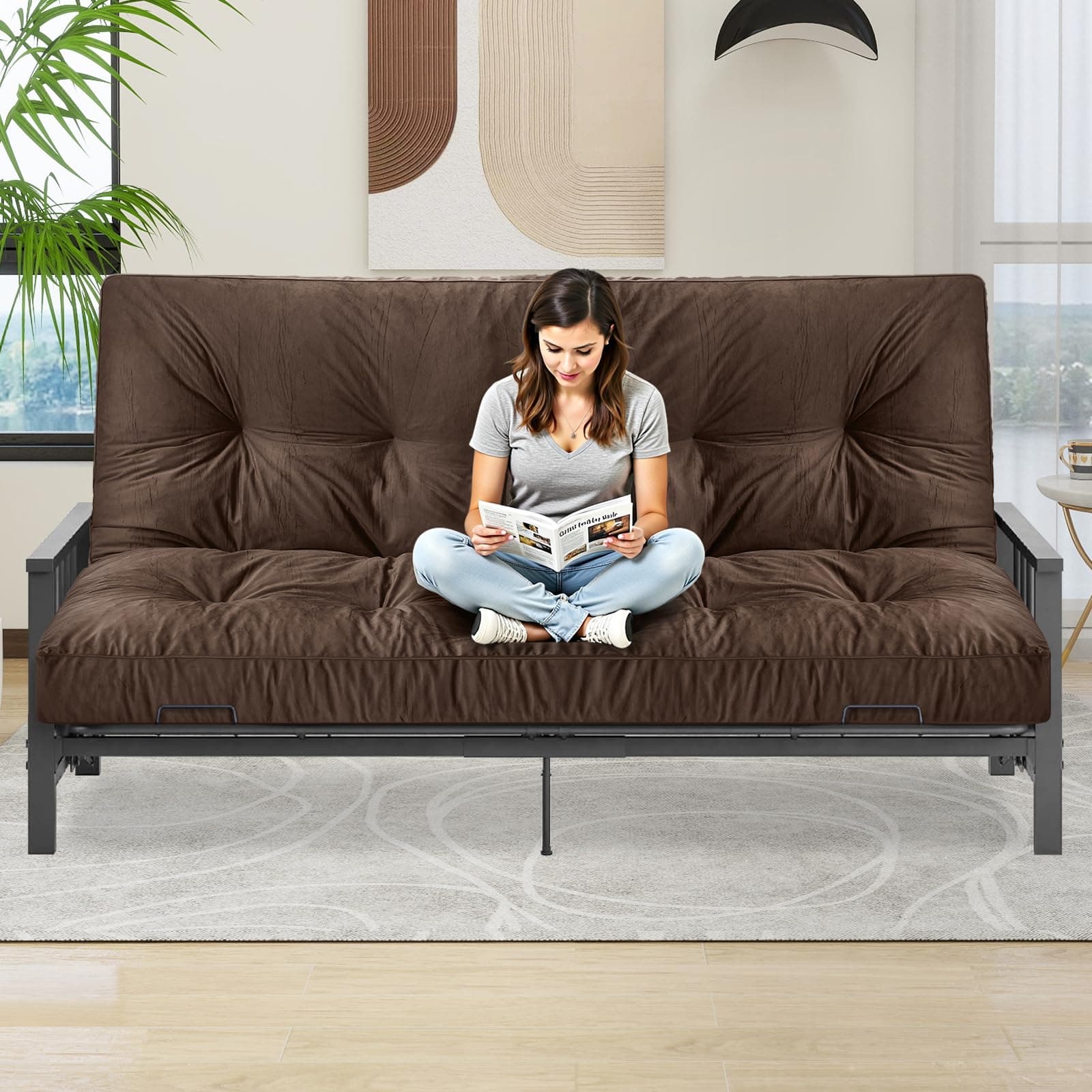 Coffee Velvet Crushed Sponge Full Size Futon Mattress for Sofa & Bed