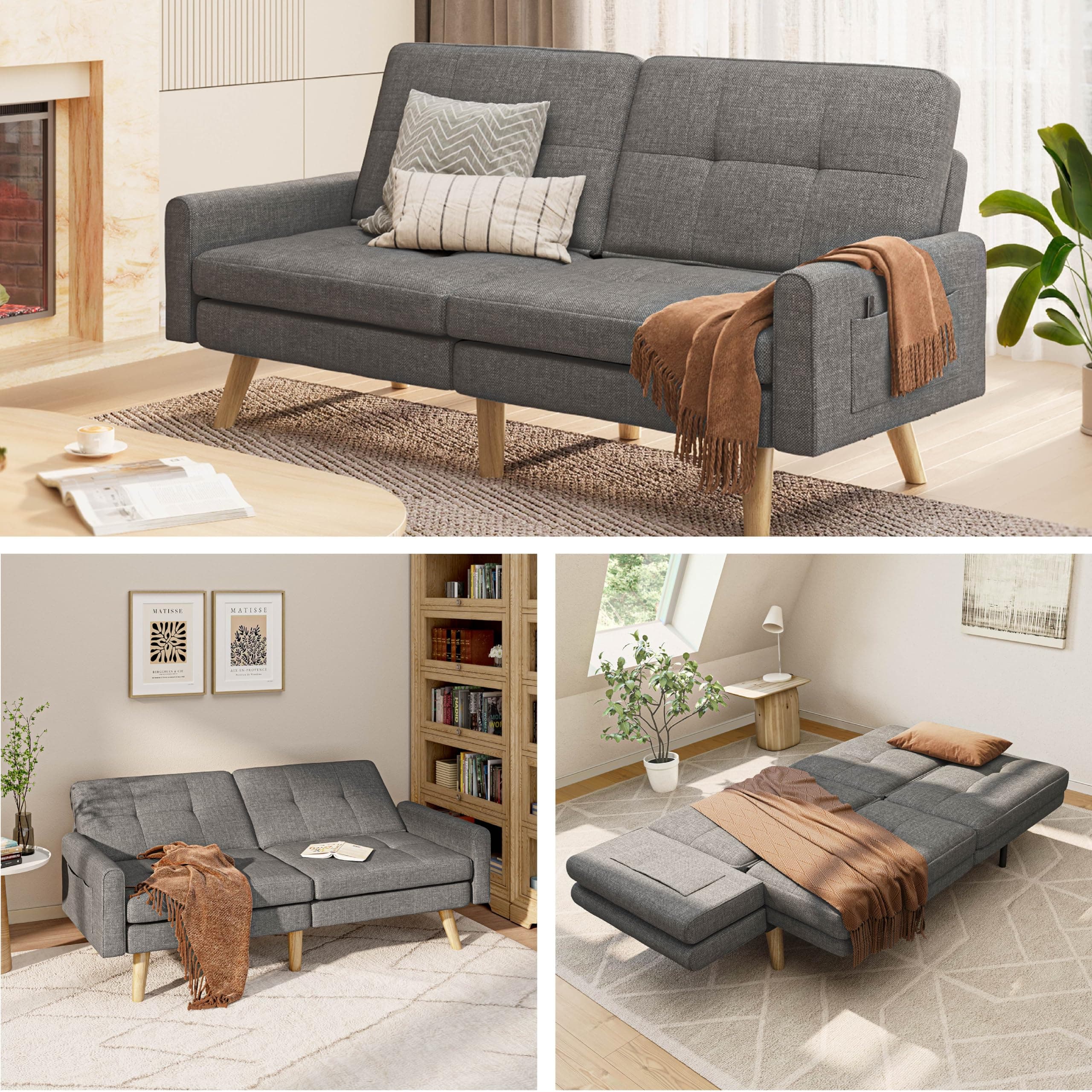 Gizoon Dark Grey Futon Sofa Bed with Adjustable Backrest