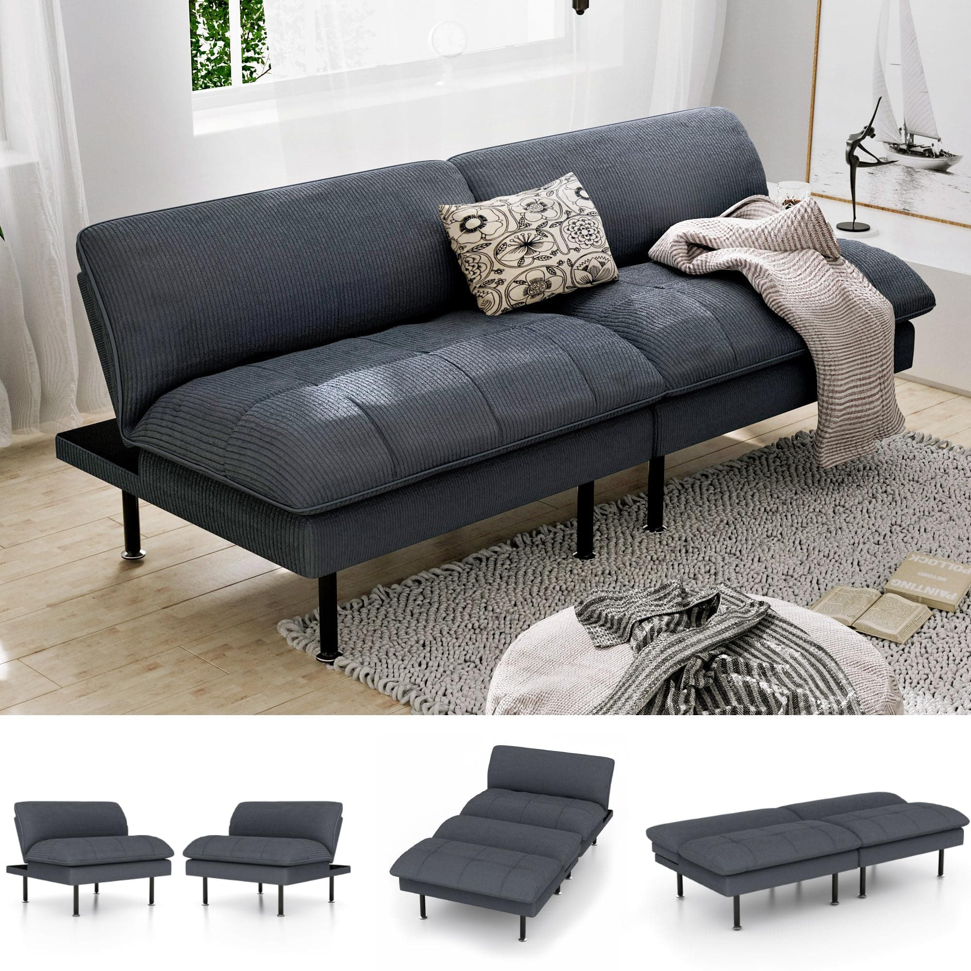 70" Multi-Function Futon Couch, Recliner with Adjustable Backrest, Grey