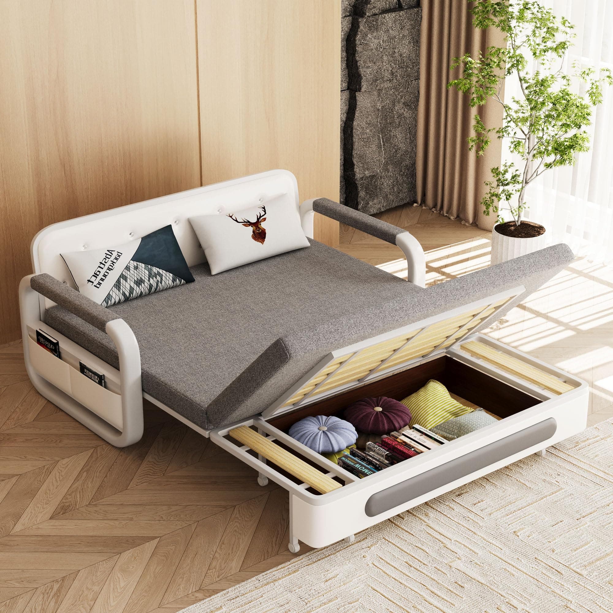 Gray/White Versatile Pull-Out Sofa Bed for Living Room and Small Spaces