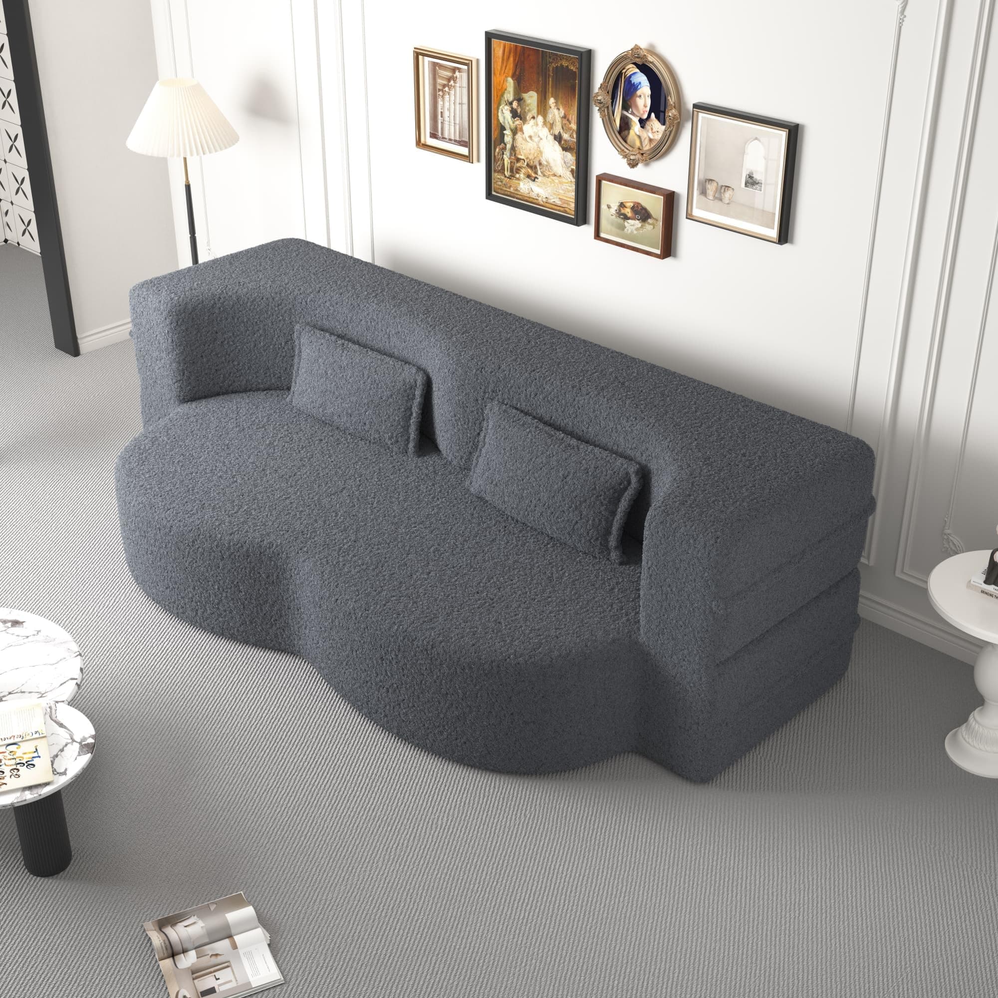 78" Queen Sleeper Sofa Bed, Modern Grey Teddy Fabric, Gray Folding Mattress, Living Room Couch