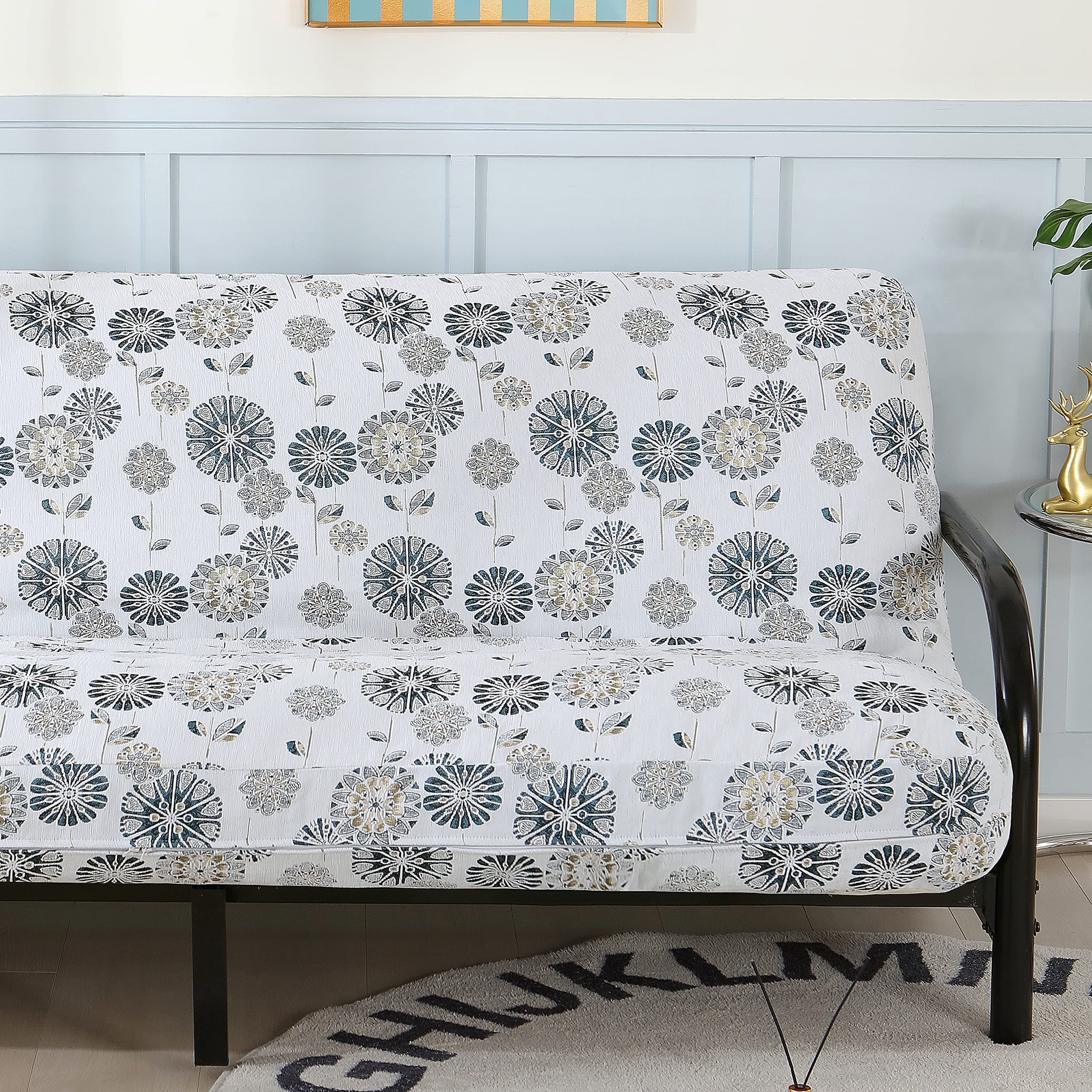 OctoRose Full Size Chenille Ivory Navy Futon Cover (Chenille-Beige-Circle)