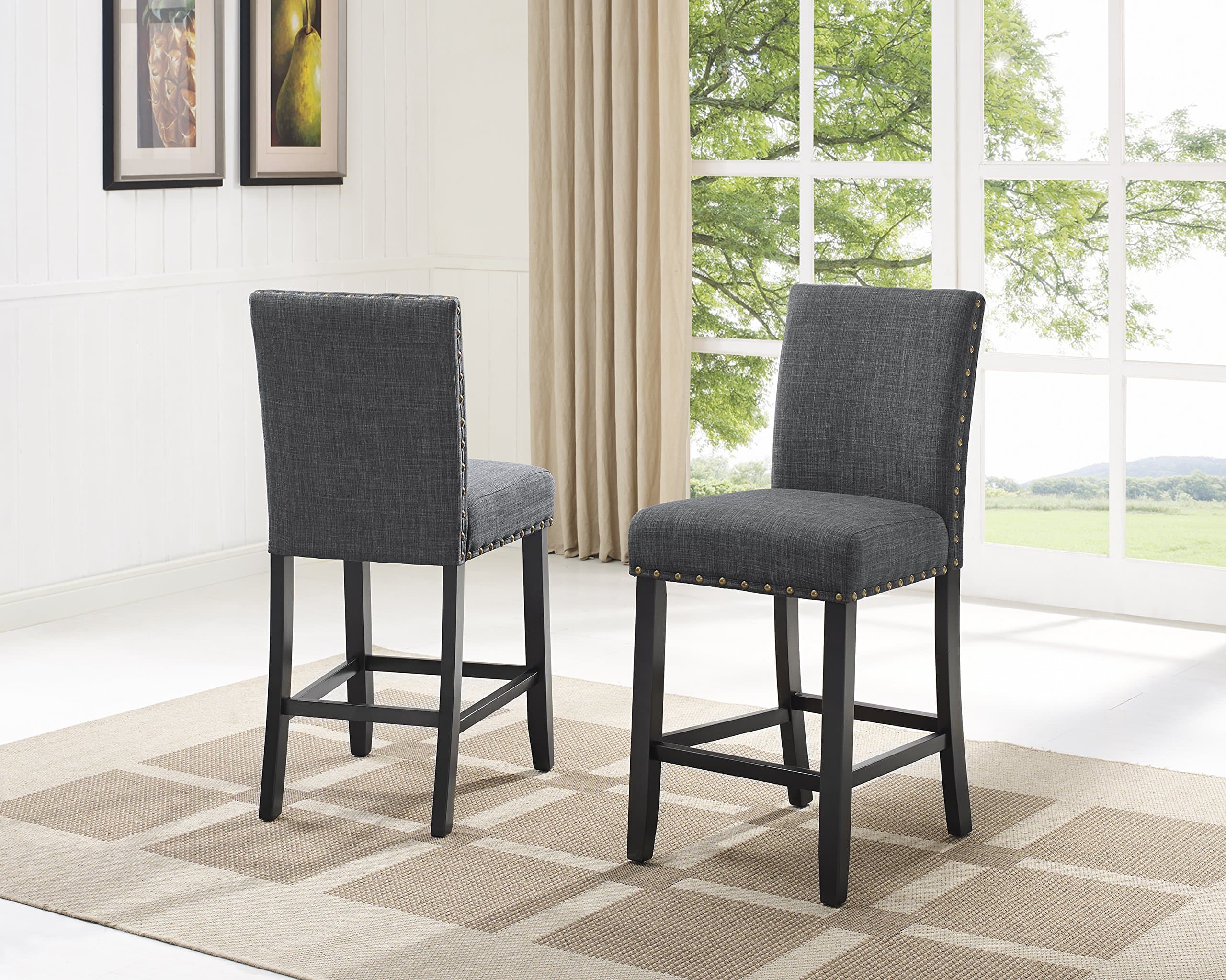 Biony Gray Fabric-Stuffed Counter Height Bar Stools with Nailhead Trim